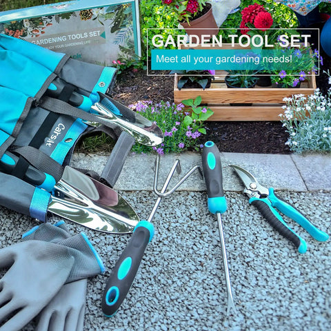 10 Piece Heavy Duty Stainless Steel Garden Tool Set With Ergonomic Rubber Handles displayed with tote bag on garden surface
