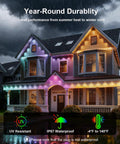 House lit with 32.8 Foot RGB LED Strip Lights With Music Sync For Bedroom Living Room And Parties, showcasing weather durability.