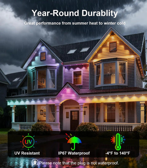 House lit with 32.8 Foot RGB LED Strip Lights With Music Sync For Bedroom Living Room And Parties, showcasing weather durability.