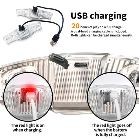 Rechargeable Bike Wheel Lights Set of 2 with Motion Sensor showing USB charging feature and indicator lights on charger.