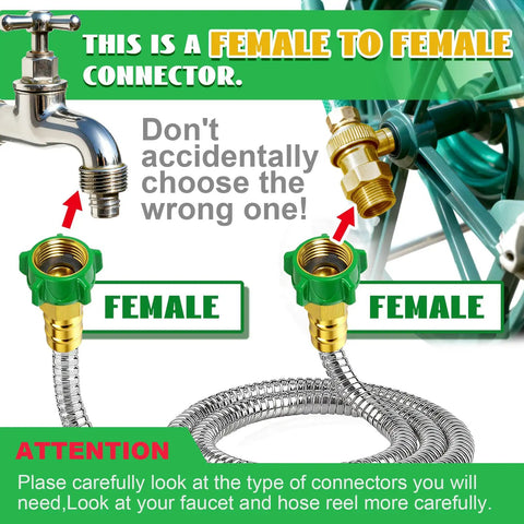 2-Foot Female To Female Garden Hose Connector With Metal Reel Adapter, labeled with connection types for faucet and reel.