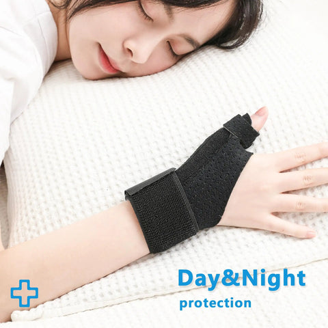 Person wearing Reversible Thumb And Wrist Stabilizer Splint Brace For Trigger Finger Pain Relief Arthritis Tendonitis BlackBerry Thumb