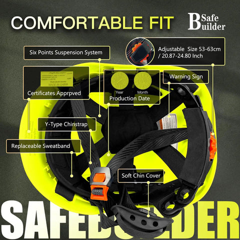 Interior view of the Six Point Suspension Work Hard Hat with ventilated design, adjustable ratchet fit, and chin strap for comfort.