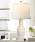 Set Of 2 Farmhouse Table Lamps With USB C And USB A Fast Charging Ports, 26 Inch Tall, 3 Way Dimmable White Fabric Shade