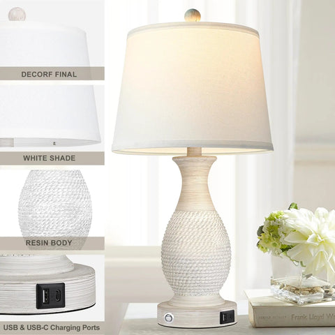 Set Of 2 Farmhouse Table Lamps With USB C And USB A Fast Charging Ports, 26 Inch Tall, 3 Way Dimmable White Fabric Shade