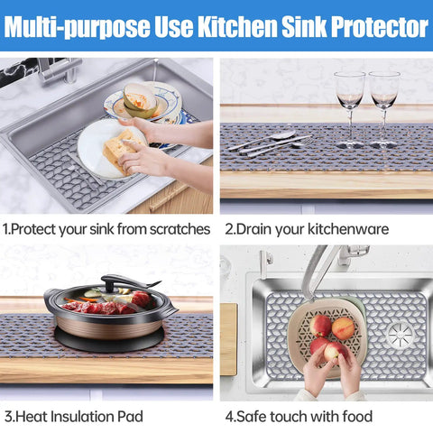 Must Have Premium Silicone Sink Protector Mat For Kitchen Sink Cut To Fit 25.8 Inch By 13.8 Inch with multiple uses shown
