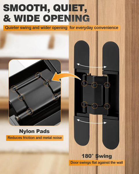 Heavy Duty Hidden Door Hinge Set With 6 Inch Concealed Hinges Three Way Adjustable For Hidden Bookcase Doors shown with nylon pads