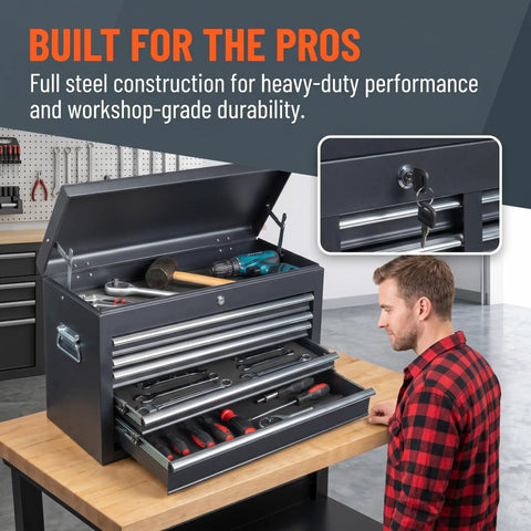 Heavy Duty 24 Inch Portable Metal Tool Box With 5 Lockable Drawers And Top Tray, Black Storage Chest Organizer For Garage Work Or Professional Carpenter Jobs, Super Slick Finished Boss Level Gear Holder With 330 Pound Load Capacity
