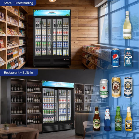 Heavy Duty Workhorse Commercial Merchandiser Refrigerator With Smooth Automatic Sliding Rebound Doors And Reinforced Glass Panels For High Traffic Stores Keep Merchandise Frosty All Day Long in store and restaurant settings.