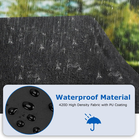 Chaise Lounge Covers Two Pack Waterproof Outdoor Protectors With Windproof Straps For All Weather Protection Fits 80 Inch Long 30 Inch Wide 26 Inch High Loungers Black Durable 420D Polyester PU Coated Weatherproof With Storage Bag showing waterproof fabric in rain.