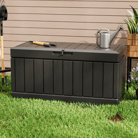 82 Gallon Resin Outdoor Storage Box All Weather Deck Box For Patio Furniture Toys Garden Tools Lockable Black Weatherproof Outdoor Storage Solution Keeps Your Yard Clean And Chill on grass.