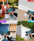 Pro Grade 700W Paint Sprayer With 6 Copper Nozzles And 3 Spray Patterns HVLP in use on furniture, ceiling, cabinet, and fence