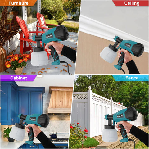 Pro Grade 700W Paint Sprayer With 6 Copper Nozzles And 3 Spray Patterns HVLP in use on furniture, ceiling, cabinet, and fence