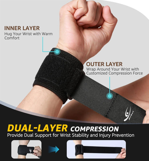 Two Pack Wrist Compression Straps For Fitness And Weight Lifting Adjustable Wrist Braces For Tendonitis Carpal Tunnel Arthritis Pain Relief Game Changing All Day Support For Men And Women Comfortable Wraps showing dual-layer compression in use