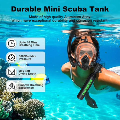 Underwater view of person using Mini Scuba Tank With Snorkel Mask And Hand Pump For Quick Grab And Go Underwater Breathing 0 5L