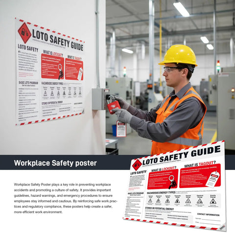 Lockout Tagout Safety Poster for OSHA Hazardous Energy Control in industrial setting, man using LOTO equipment on machinery.