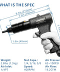 Specifications of Rivet Nut Gun For M6 M8 M10 With Air Driven Pull Setter and Quick Change Nose Pieces