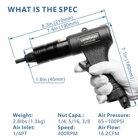 Specifications of Rivet Nut Gun For M6 M8 M10 With Air Driven Pull Setter and Quick Change Nose Pieces