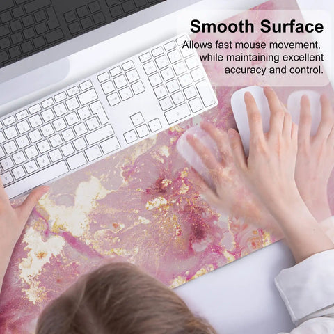 Big Ol Pink Desk Pad, 31.5 By 15.7 Inch, Rose Gold Marble, PU Leather, Waterproof Mouse Pad in use with keyboard and mouse