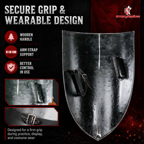 Fully Functional Handmade 16 Gauge Heater Shield For Reenactments And Tournaments with wooden handle and arm strap