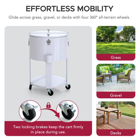 60 Quart Rolling Ice Chest Cooler Cart For Patio And Party with wheels and brakes, shown on grass, gravel, and deck surfaces.