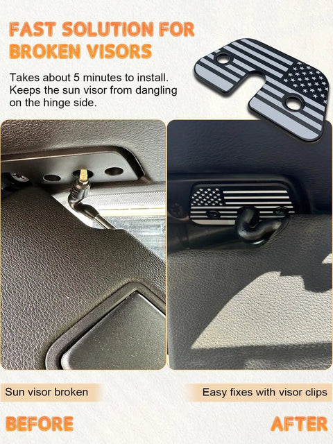 Before and after of Aluminum Sun Visor Clips With American Flag Design fixing loose visor in Jeep Gladiator JT.