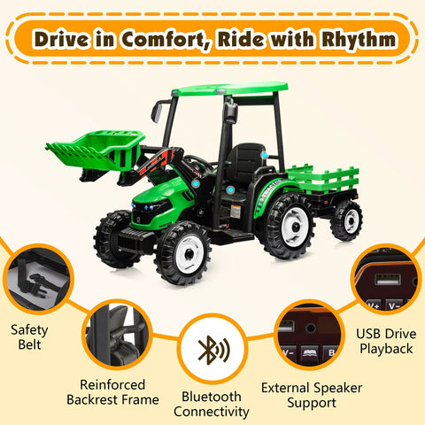 Killer 24V Kids Tractor Ride On With Easy Grip Remote Control And Detachable Trailer Heavy Duty Metal Frame Construction Toy Packed With Dual Motors Front Loader Scoop And Comfort Cushion Seats For Big Kids