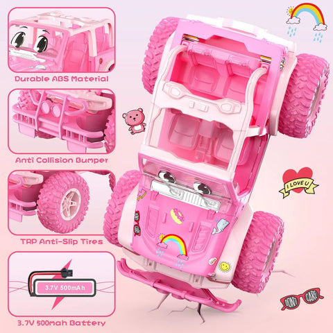Rechargeable Remote Control Car For Kids 1:16 Scale, 2.4Ghz Off Road RC Truck With Stickers, All Terrain Toy Pink Design Detail