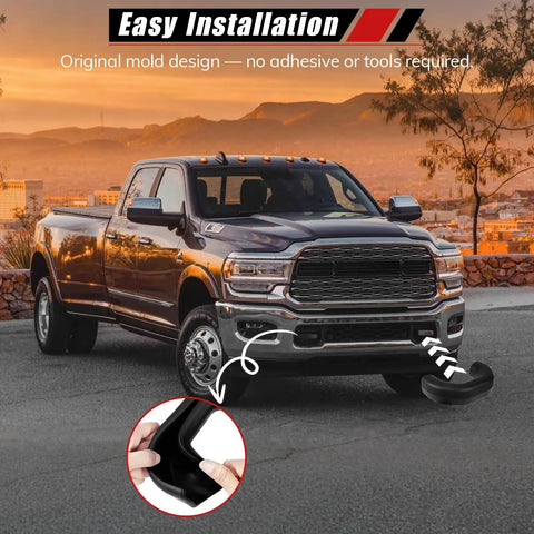 RAM Front Tow Hook Covers Silicone Black For 2019-2026 2500 3500 Towing Hitch Cover shown on truck at sunset