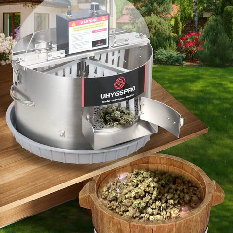 Top Shelf 16 Inch Electric Bud Trimmer For Wet Or Dry Work With Heavy Duty Brushless Motor 20 Speeds Quick Tabletop Build on a wooden surface.