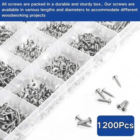 No Nonsense 1200 Pcs Silver Carbon Steel Self Tapping Screw Pack M1.2 To M2.3 Assorted Kit With Built In Washers in durable storage box.