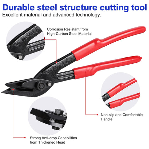 12 Inch Heavy Duty Strapping Cutter For Steel Pet Pp Bands With Chrome Vanadium Blade Cuts Thick Tape Like Butter Featuring A Safe Bionic Beak Lightweight Design And Non Slip Handle For Smooth No Sweat Job Site Work Every Single Day, showing durable steel construction and comfortable grip.