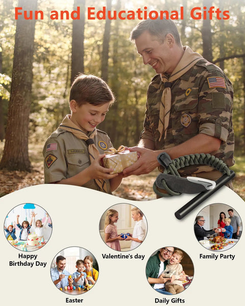 Father and son in scout uniforms with Flint And Steel Fire Starter With Paracord Handle And Thick Striker 4 Inch Ferro Rod