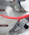 Sheet Metal Cutter Drill Attachment cutting metal sheet with curved and straight lines, showing multiple cutting methods.