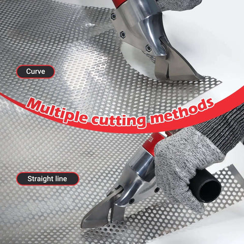 Sheet Metal Cutter Drill Attachment cutting metal sheet with curved and straight lines, showing multiple cutting methods.
