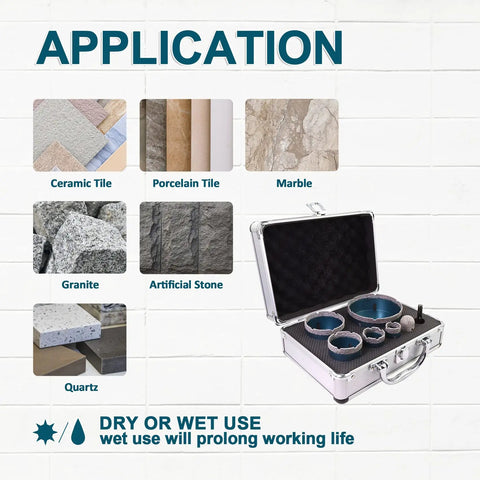 Diamond Core Drill Bit Set For Porcelain Tile And Stone, 7-Piece Kit With application examples for various materials
