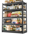 Heavy Duty 2500 lbs Metal Shelving Unit, 5 Tier Adjustable Kitchen Storage Shelves For Microwave And Appliances, Workhorse Pantry Organizer Rack, No Bolt Utility Rack, 35.4 Inches Wide By 15.75 Inches Deep By 71.2 Inches High. Black metal 5-tier kitchen shelving with appliances and pantry items