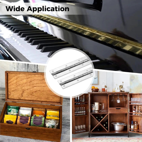 Four Stainless Steel Piano Hinges With Holes And Screws, 15.7 Inch By 2 Inch, 0.06 Inch Thick, shown on various wood furniture