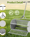 27 Inch Metal Roller Compost Spreader for Lawn With Adjustable Handle, Gray, Showing Triangular Joint and Mesh Design