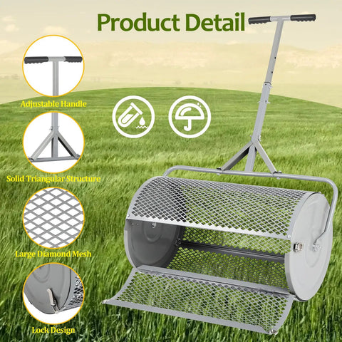 27 Inch Metal Roller Compost Spreader for Lawn With Adjustable Handle, Gray, Showing Triangular Joint and Mesh Design