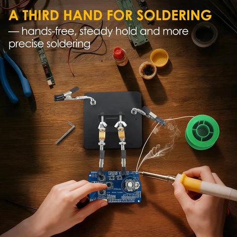 Hands using soldering iron with Soldering Station Holder With Storage Box And Third Hand Tool on 4x4 inch metal non-slip base
