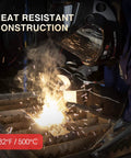 Person welding with Leather Forge MIG Welding Gloves With Kevlar Stitching For Heat And Fire Resistance And Palm Reinforcements, 16 Inches Black And Gray.