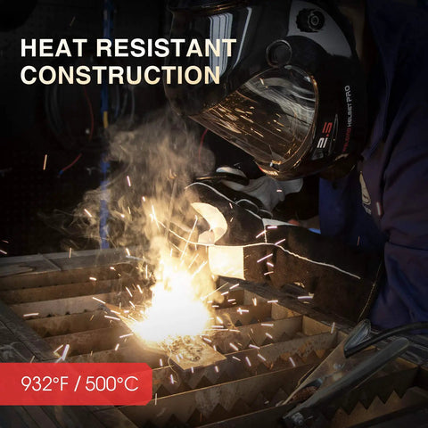 Person welding with Leather Forge MIG Welding Gloves With Kevlar Stitching For Heat And Fire Resistance And Palm Reinforcements, 16 Inches Black And Gray.