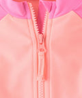 Close-up of pink half-zip on Girls Long Sleeve Half Zip Rashguard Swimsuit Pink Abalone UPF 50 Plus Sun Protection Colorblock Design