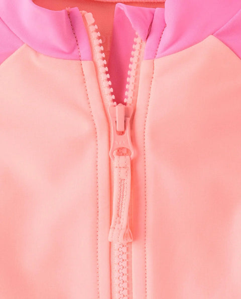 Close-up of pink half-zip on Girls Long Sleeve Half Zip Rashguard Swimsuit Pink Abalone UPF 50 Plus Sun Protection Colorblock Design