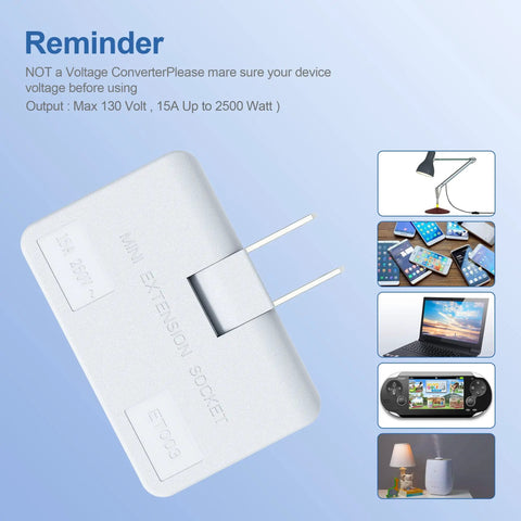 Three Way Flat Wall Outlet Extender With Swivel Two Prong Indoor Plug Tap Space Saving Outlet Splitter, shown with devices.