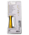 Dead Simple Adjustable Non Contact Voltage Sensor Tests 12 To 1000 V AC Fast With Loud Audio Tone And Clear Flashing Light Tough Rubberized Handle For Real Deal Electricians Today packaging with features and specifications.