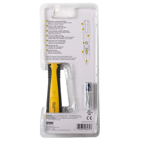 Dead Simple Adjustable Non Contact Voltage Sensor Tests 12 To 1000 V AC Fast With Loud Audio Tone And Clear Flashing Light Tough Rubberized Handle For Real Deal Electricians Today packaging with features and specifications.