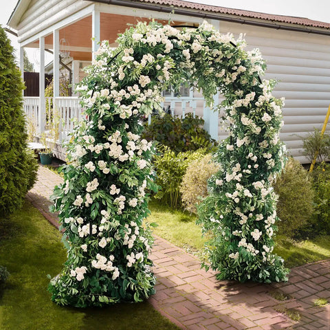 Sturdy Black Steel Garden Arch For Outdoor Weddings And Party Decor, Ceremony Archway, Tall Trellis with lush flowers and vines