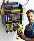 Heavy Duty Drill Wall Mount Power Tool Organizer With Eight Outlet Charging Station And Four Layer Carbon Steel Pegboard Rack With Four Drill Holders Supports Up To 190 Lb Ideal For Garage And Workshop displaying multiple tools.